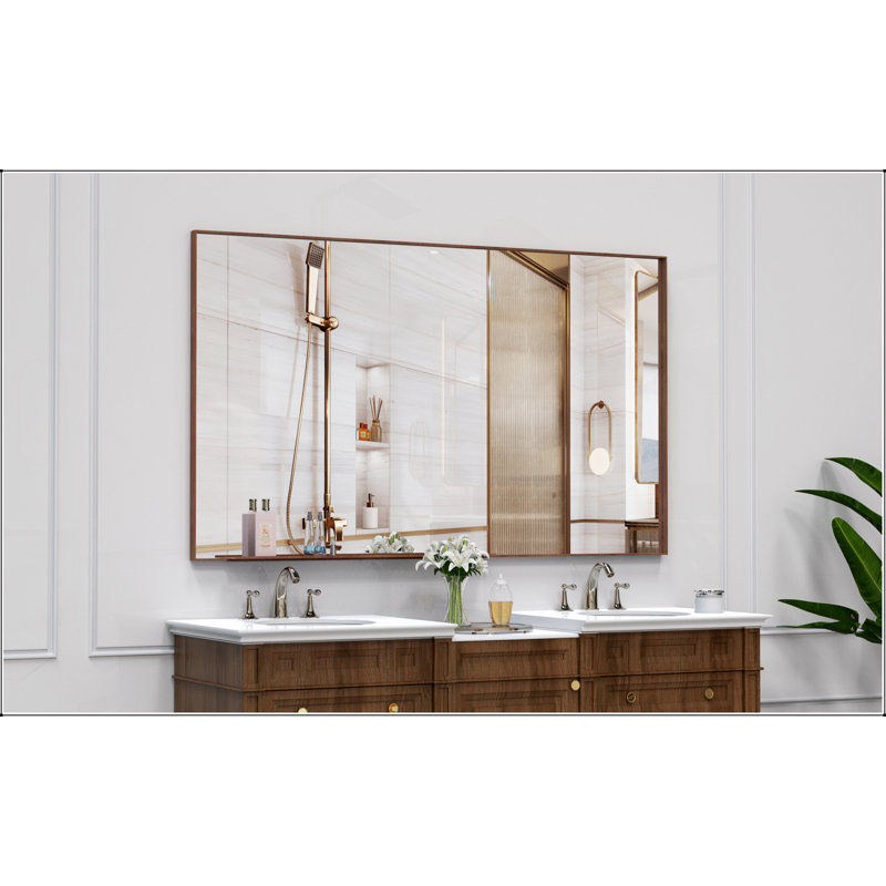 Oversized Modern Rectangle Bathroom Mirror With Walnut And Aluminum Frame, Perfect For Clear Reflections And Versatile Mounting Options