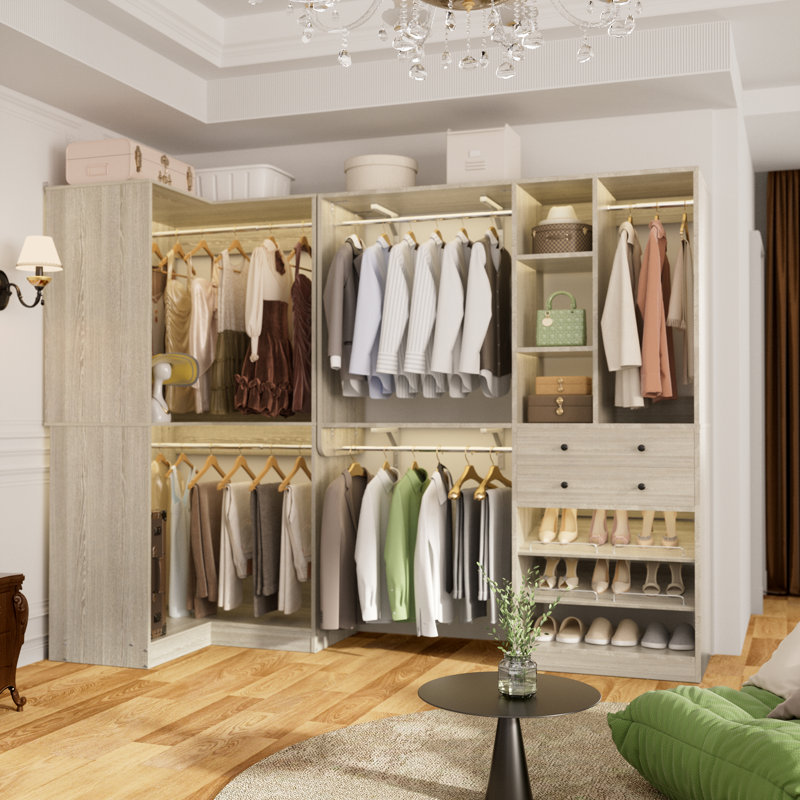 Navada Closet System with Wooden Drawers and Two Hanging Rods, Washed Oak