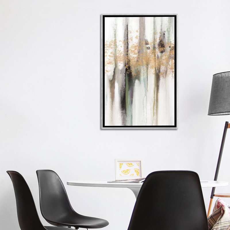 «Falling Gold Leaf I» par Studio W - reproduction sur toile tendue, H 48 po x l 32 po x P 1,5 po, Toile avec cadre argenté