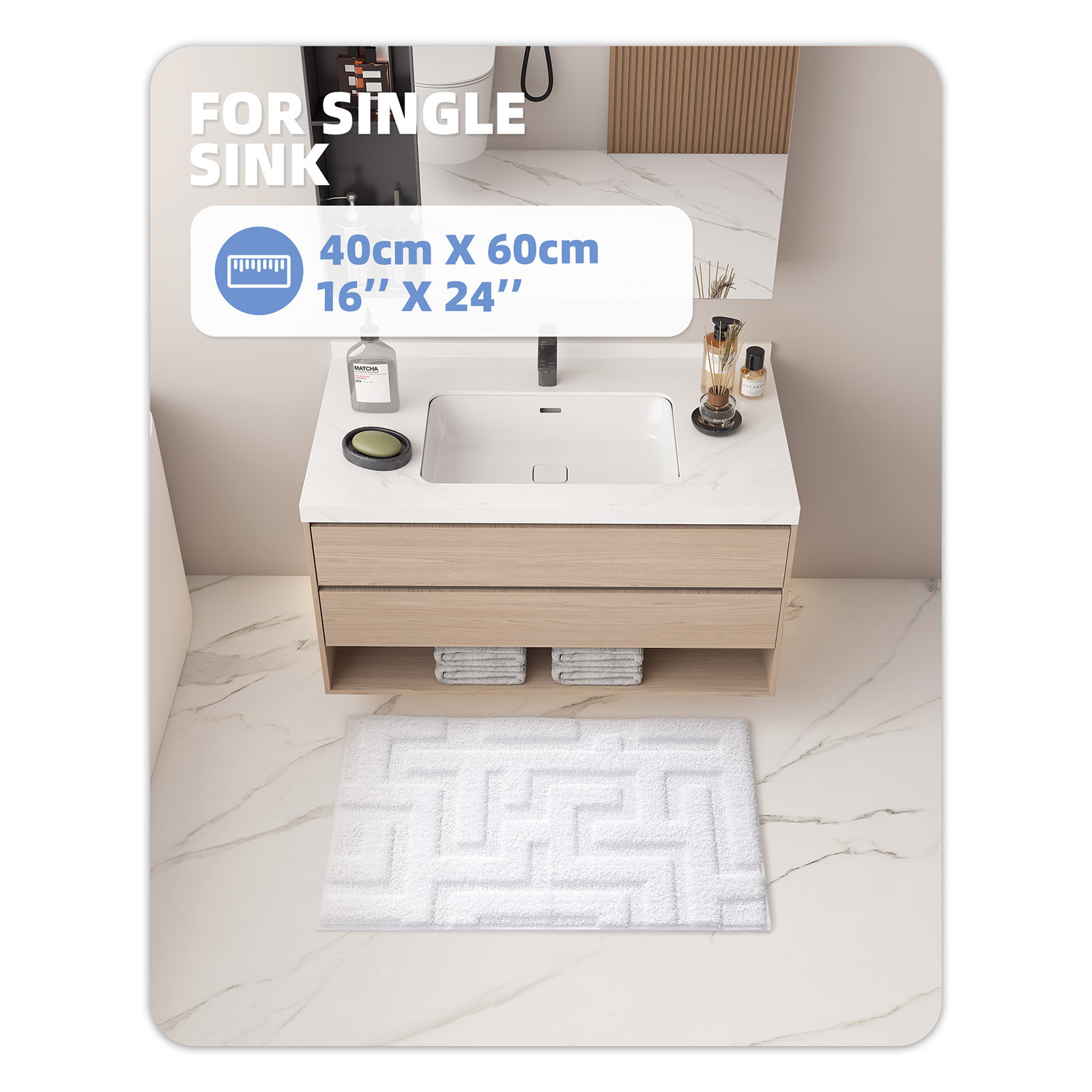 Non-Slip Bath Rug, 16" L x 24" W, White