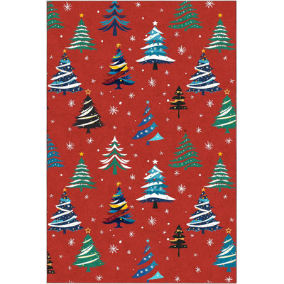 Runner Rug, Christmas Rugs with Xmas Tree Pattern for Holiday Decor, Non Slip Low Pile Washable Rug for Kitchen, Entryway, Living Room, Bedroom, Red