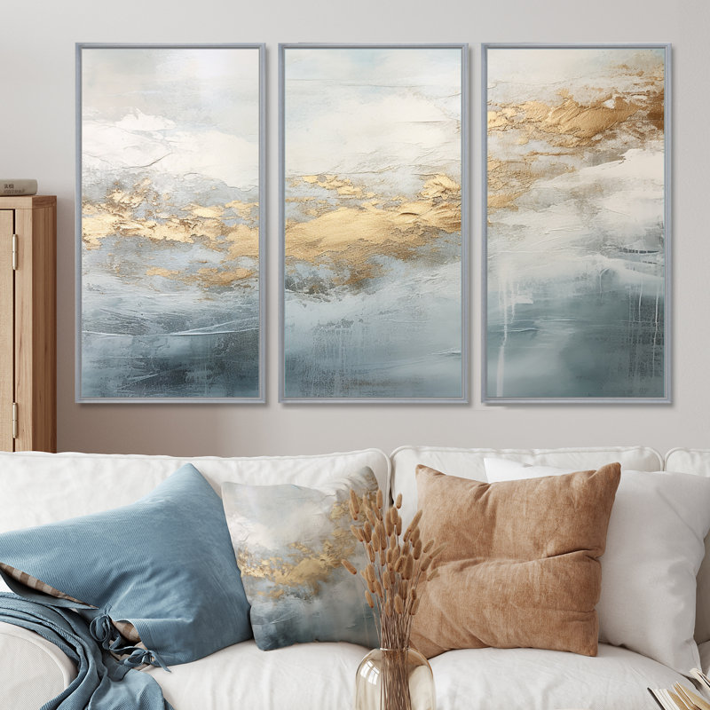 Beige, bleu, or, océan, tempête V, ensemble d'art mural sur toile à formes abstraites, H 28 po x l 36 po, Encadrement argenté