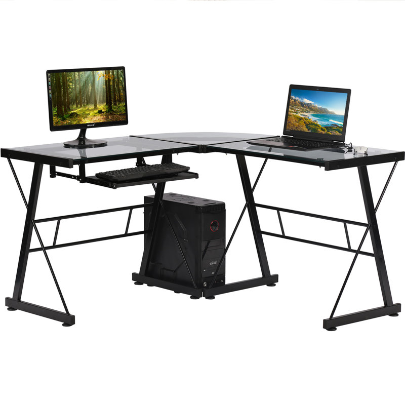 Bureau de coin en L en verre trempé Bureau de jeu en métal robuste avec cadre en métal et plateau d'ordinateur