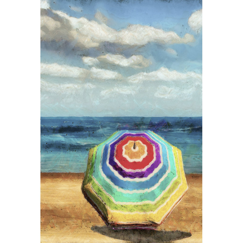 Beach Umbrella I by Alonzo Saunders - Painting on Canvas, 46 cm H x 30 cm W, Black Floater Framed