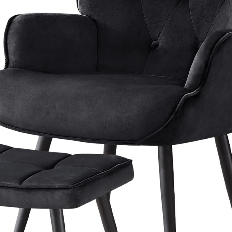 Fauteuil à oreilles et repose-pieds capitonnés, Noir