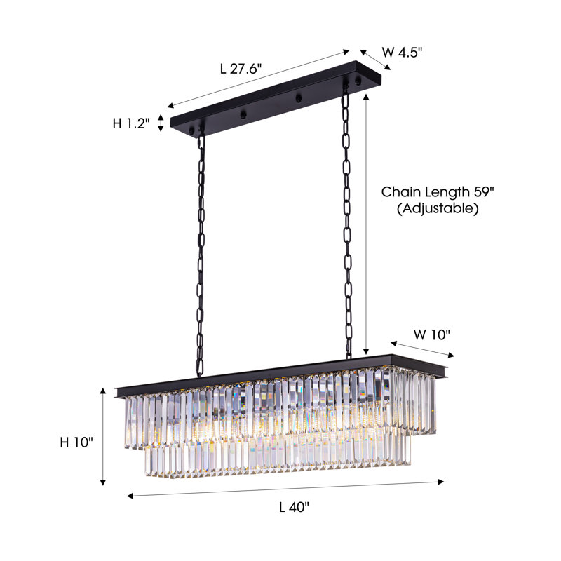 Dimmable Tiered Rectangle Chandelier With Crystal Accents, 10" H x 40" W x 10" D, Black