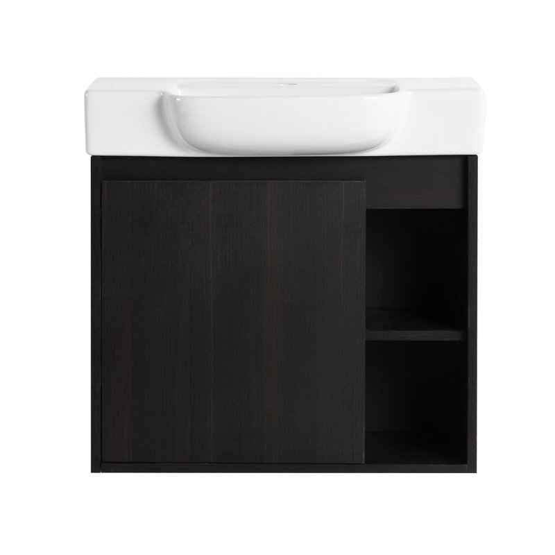 Meuble-lavabo mural avec lavabo en céramique et porte à fermeture en douceur, Chêne foncé, 24"