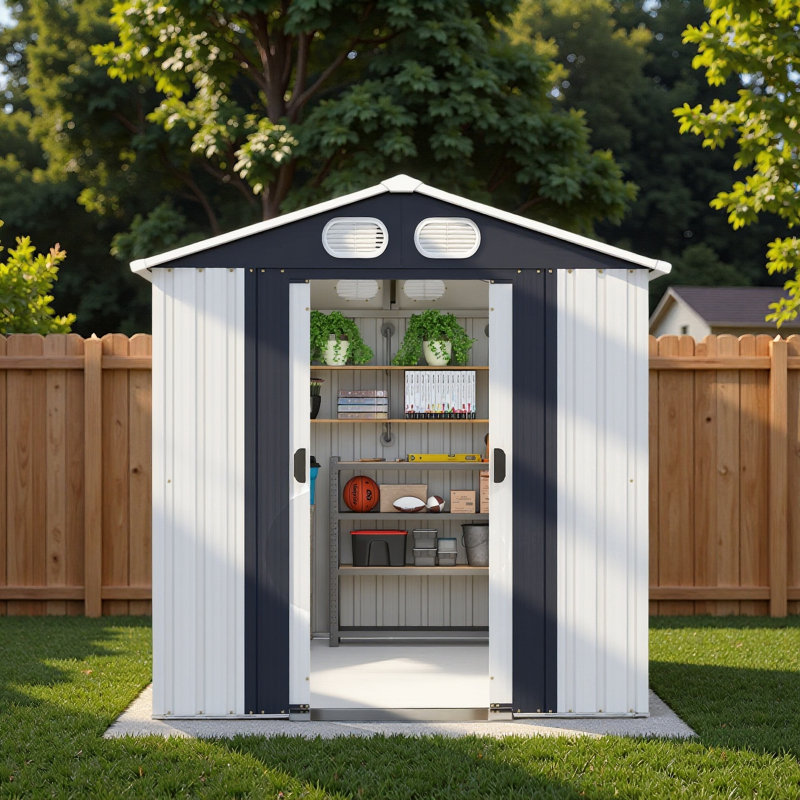 Remise en métal blanc 8 pi 6 pi avec portes verrouillables et évents Campcraft, idéale pour le jardin, le jardin et le patio.