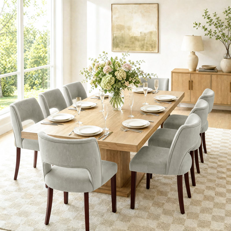 Ensemble de 8 chaises de salle à manger en bois massif recouvertes de chenille, Light Gray