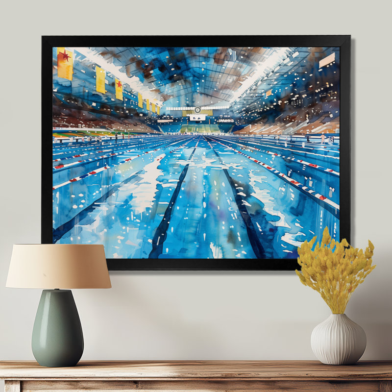 Piscine olympique avant la course I - Décoration murale de natation, Toile encadrée noire simple, H 12 po x l 20 po x P 1 po
