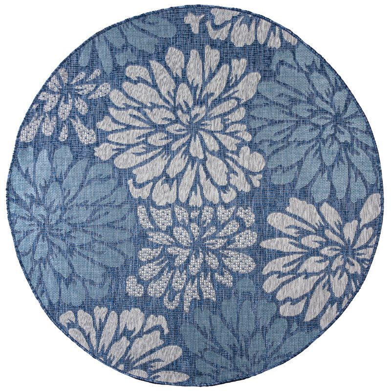 Hagy Modern Floral Textured Weave Navy/Aqua Indoor/Outdoor Rug, Round 6'7"