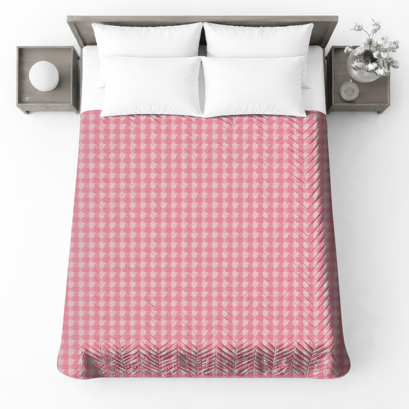 Pink Houndstooth Pattern Quilted Bedspread All Sizes, Queen