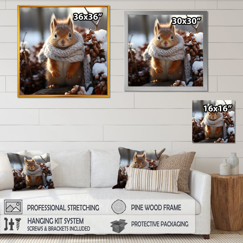 Mignon écureuil avec écharpe dans la neige I - art mural écureuil, H 16 po x l 16 po x P 1 po, Toile tendue