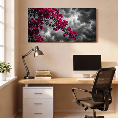 Pink Bougainvillea Flowers Against Dramatic Clouds Canvas Wrapped Wall Art Oil Painting Print Set Of 1