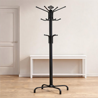 73 Inch Freestanding Coat Rack, Classic Black Metal with 3 Tiers of Hooks for Entryway and Mudroom Organization