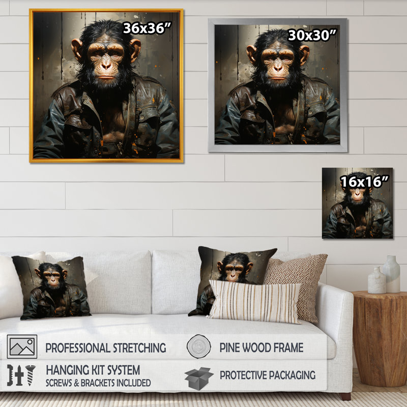 «Jungle in suit Monkey Portrait II», art mural singe, Cadre flottant doré, H 16 po x l 16 po x P 1 po