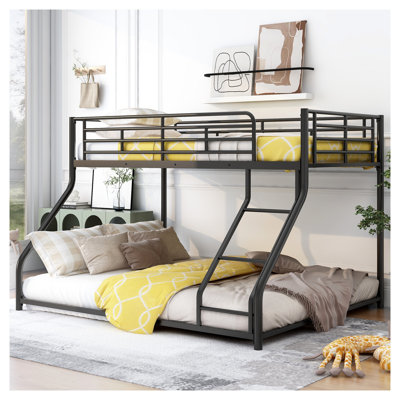 Lit superposé simple au-dessus de grand lit simple en métal avec escalier incliné - Base de lit mezzanine robuste noire pour enfants et adultes