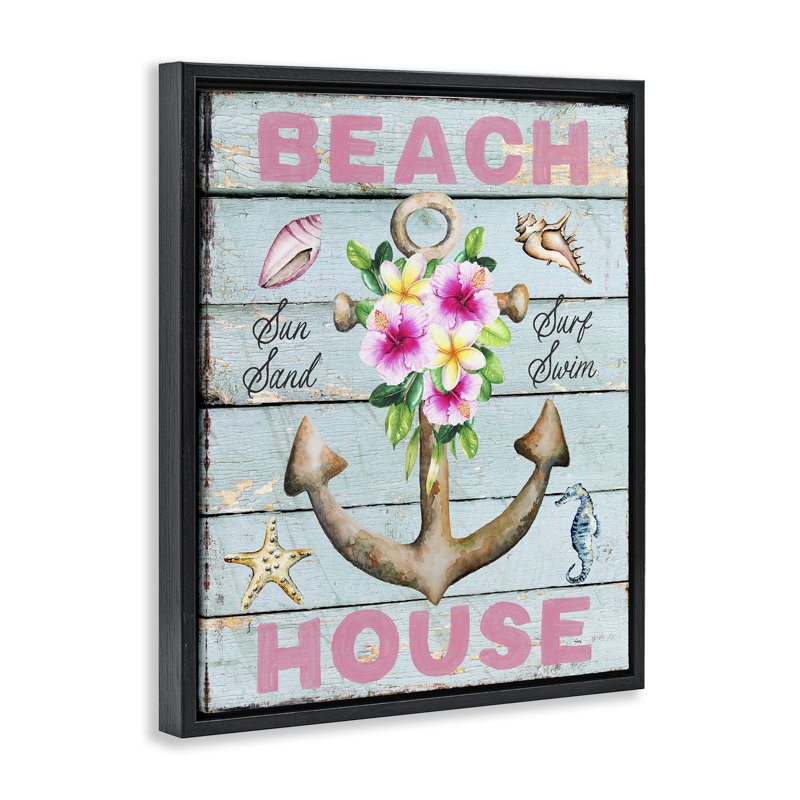 Pink Beach House Rustic Framed Floater Canvas Wall Art by Creatif Belle, Jet Black Floater Frame, 21" H x 17" W