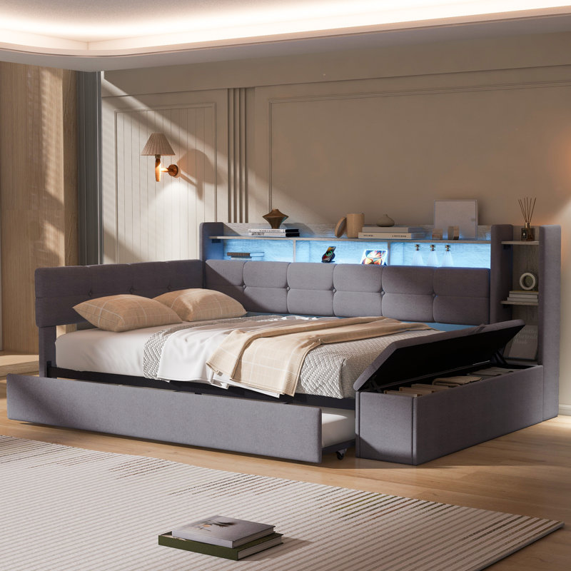 Lit de jour rembourré avec rangement, repose-pieds, tablettes, lit gigogne, charge USB et lumière DEL pour une vie moderne