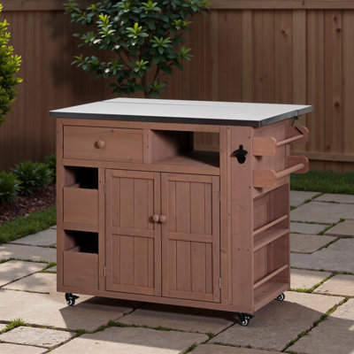 Îlot de cuisine extensible en bois massif d'extérieur 19,3 po / 28 po, table de barbecue en acier inoxydable avec support à épices latéral, chariot de cuisine avec tiroirs