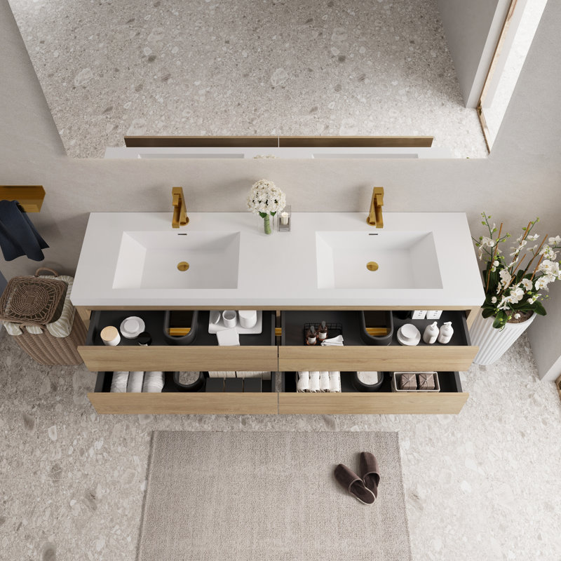 Meuble-lavabo mural 72 po avec lavabo, armoire de rangement flottante, comptoir en résine de pierre, tiroirs à fermeture en douceur, finition chêne naturel