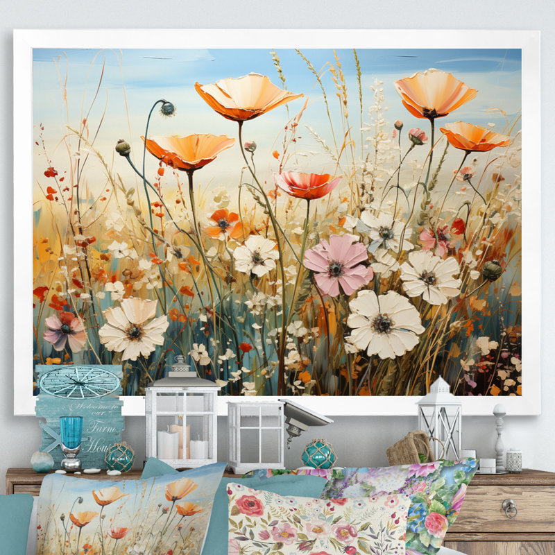 Fleurs sauvages, symphonie florale sur toile, H 24 po x l 32 po x P 1 po, Cadre simple blanc