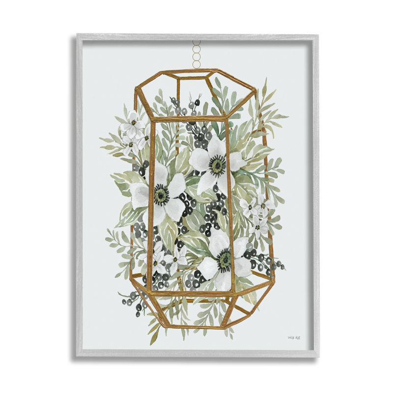 Blanc, coquelicots floraux, baies botaniques, jardinière géométrique moderne, giclée rustique encadrée, art texturé par Cindy Jacobs