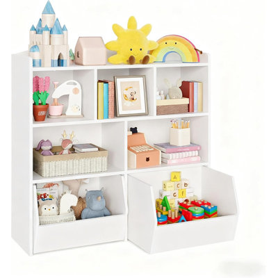 Toy Storage Organizer with 5 Cubbies & 2 Movable Drawers, Kids Bookshelf with Hidden Wheels by Isabelle & Max