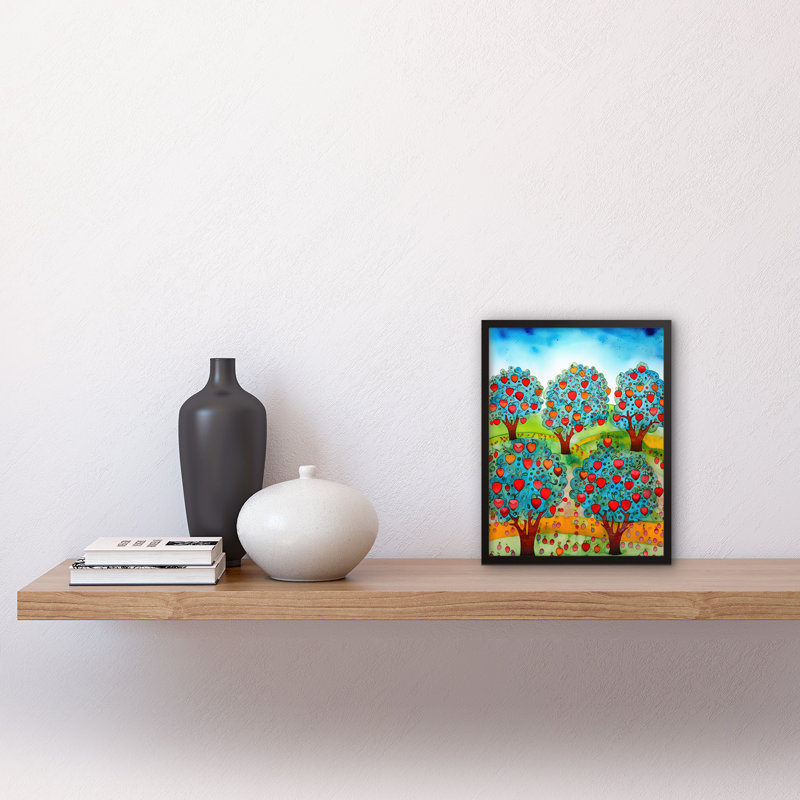 Apple Orchard Trees Ready For Harvest Folk Art Landscape Watercolour Painting Artwork Framed Wall Art Print 9X7 Inch