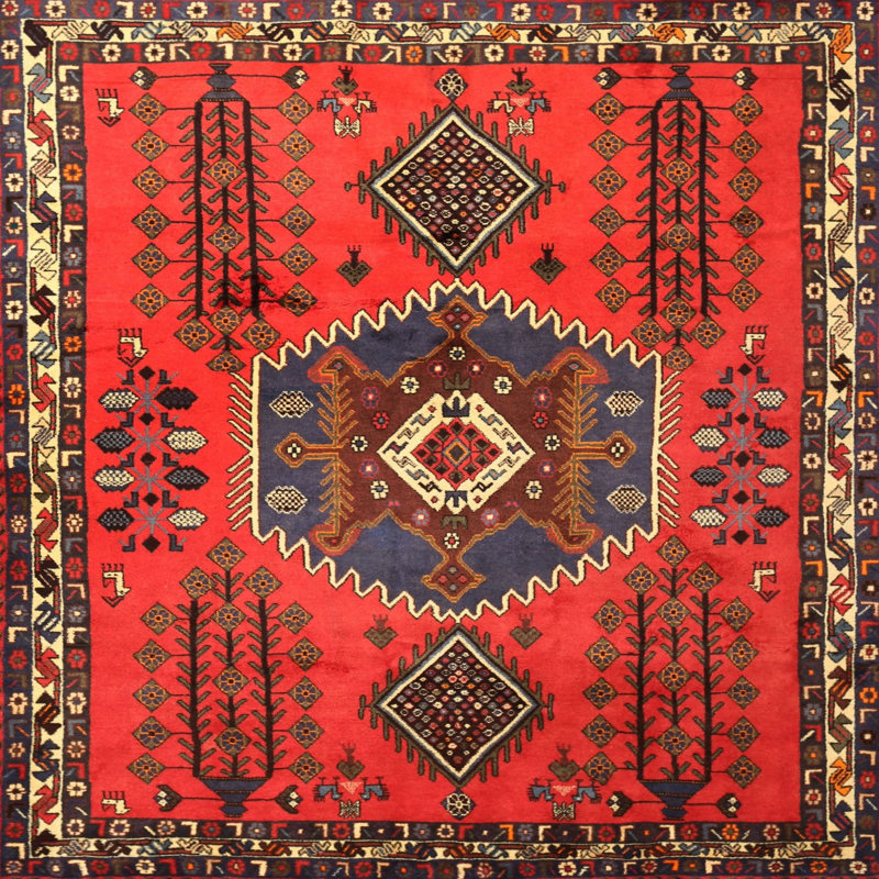 Tapis traditionnel rouge / bleu / beige, Carré 5 pi