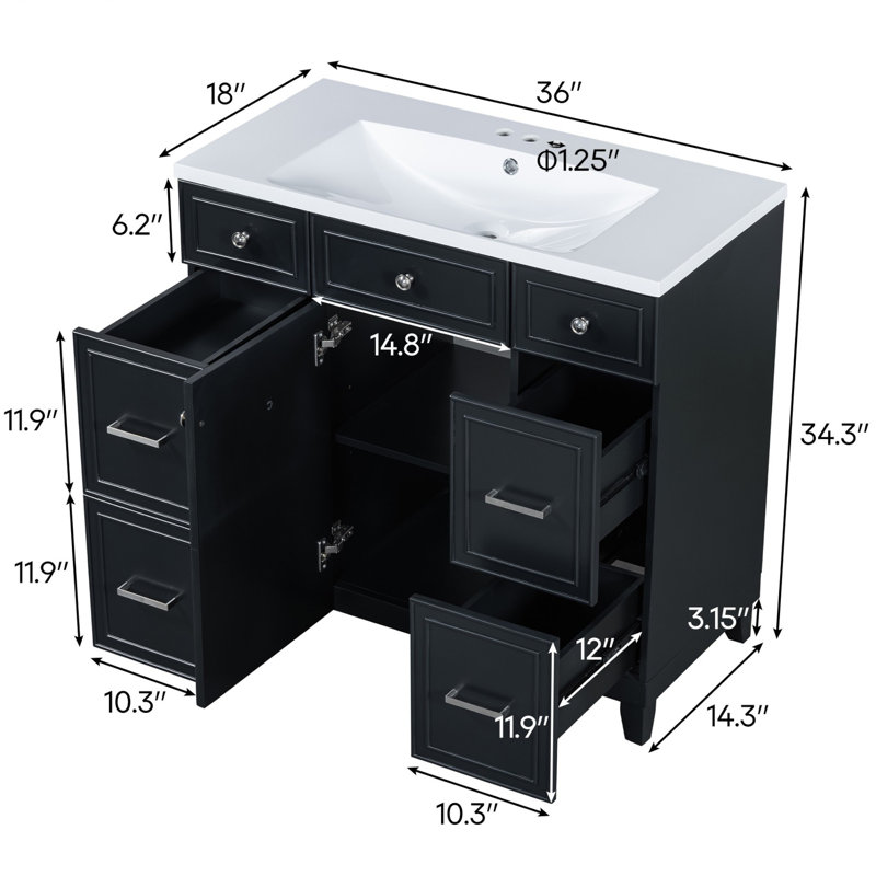 Meuble-lavabo simple 36 po avec comptoir en céramique, assemblage requis, Noir, noir, noir, noir