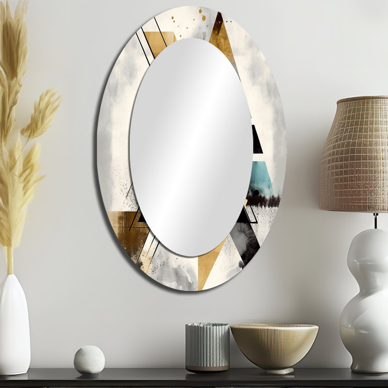 Green Triangle Boho III - Abstract Oval Decorative Mirror On Metal, 36" x 24"