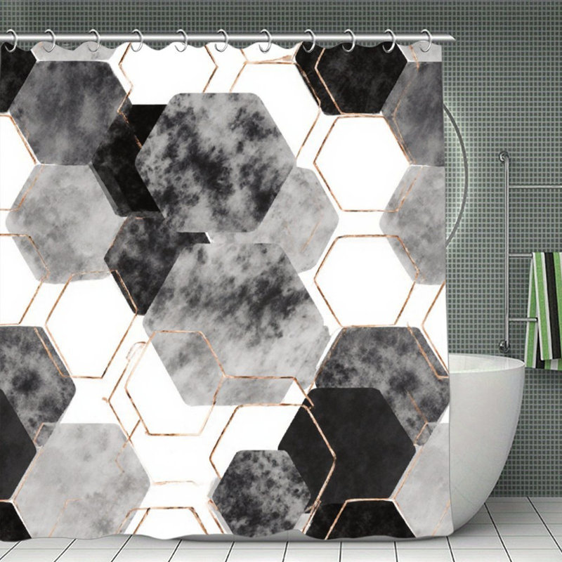 Rideau de douche hexagonal gris et noir, 71 x 71