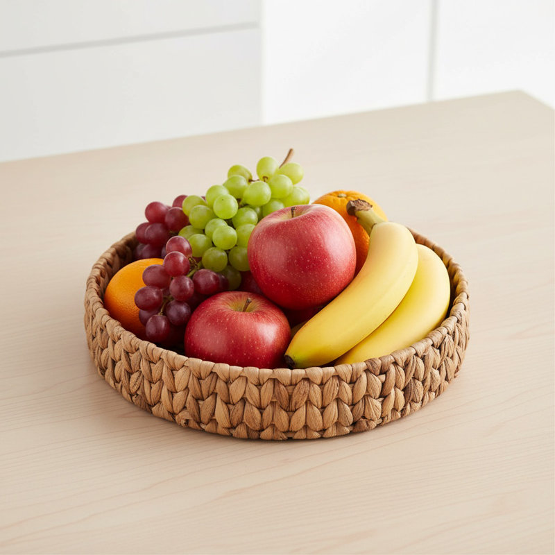 Durable Round Basket Tray With Handle Natural Woven Fruit Vegetable Storage Tray Grass Weaving Storage Baskets Serving Trays,33cm