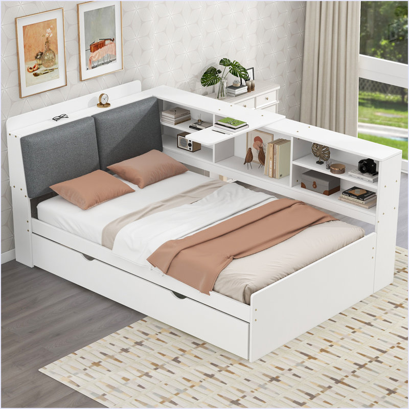 Lit plateforme en bois avec lit gigogne, tablettes et tête de lit avec rangement, Blanc, Lit simple
