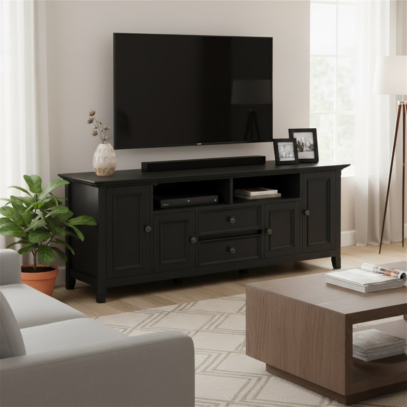 Amherst 72"W Solid Wood Transitional TV Stand for TVs up to 80" with 2 Cabinets, 2 Drawers, and Adjustable Shelves, Black