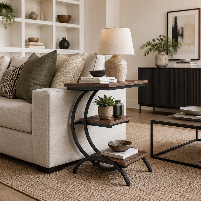 11.81" Industrial Wood End Table with Storage for Couch