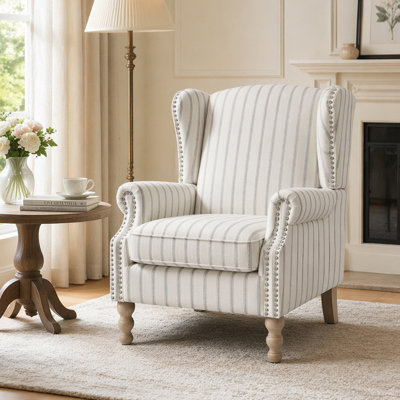 Modern Accent Chair with Retro Wood Legs, Comfy Upholstered Armchair, Floral Design Single Sofa Chair for Living Room Bedroom Office - Stripe