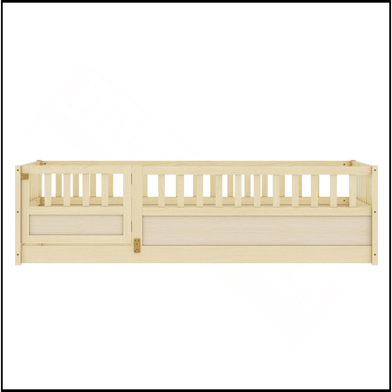 Lit simple au sol avec barrière et porte de haute sécurité, conception en bois Montessori pour la chambre à coucher