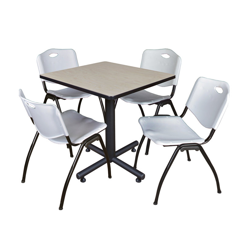Table de salle de repos carrée Nicklo, chaises empilables 4 M, Érable, gris
