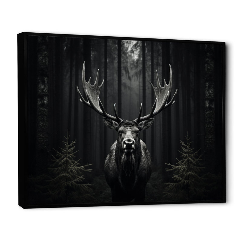 Black White Moose Monochrome Framed On Canvas Print, 24" H x 32" W, Cadre flottant noir