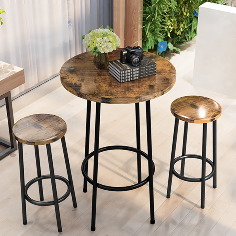 Modern Round Bar Table Set for Small Spaces - 2 Stools with Footrest