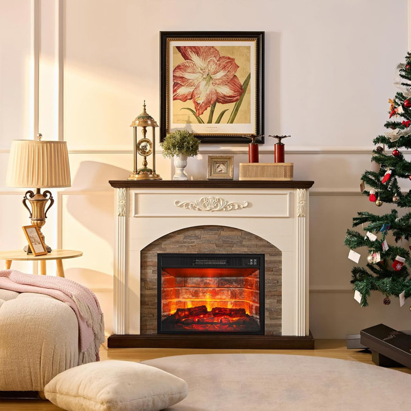 44" Farmhouse Electric Fireplace With Heater Insert & Mantel - Rustic For Living Room, Cream