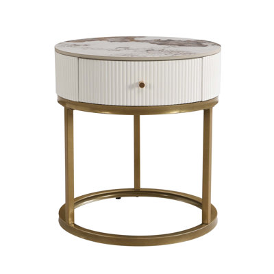 Modern Nightstand with Drawer, Faux Marble Round End Table with storage