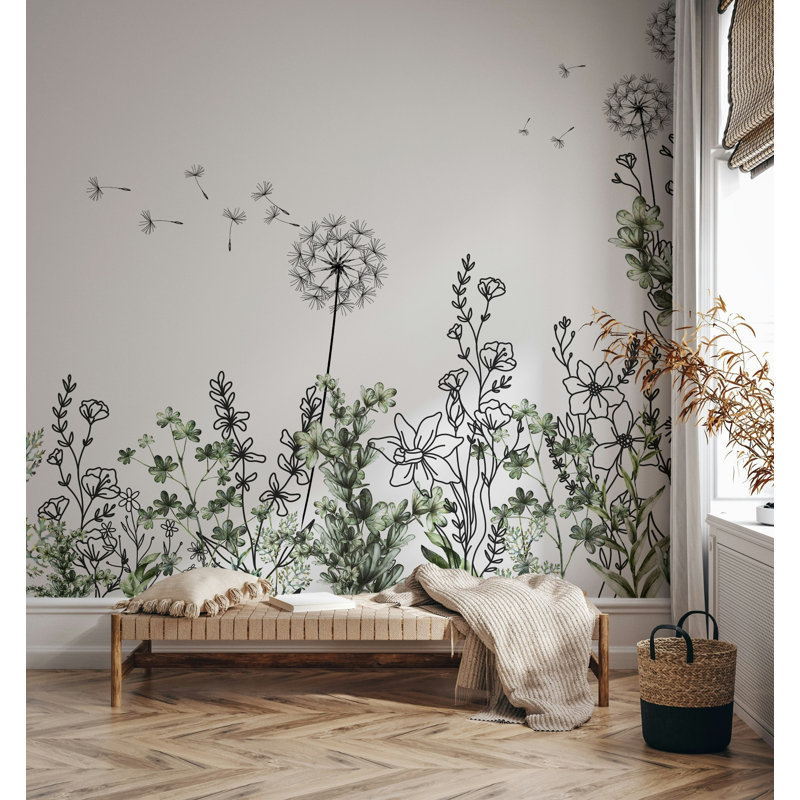 Papier peint minimaliste avec bordure de fleurs de pissenlit, L 106 po x l 187 po