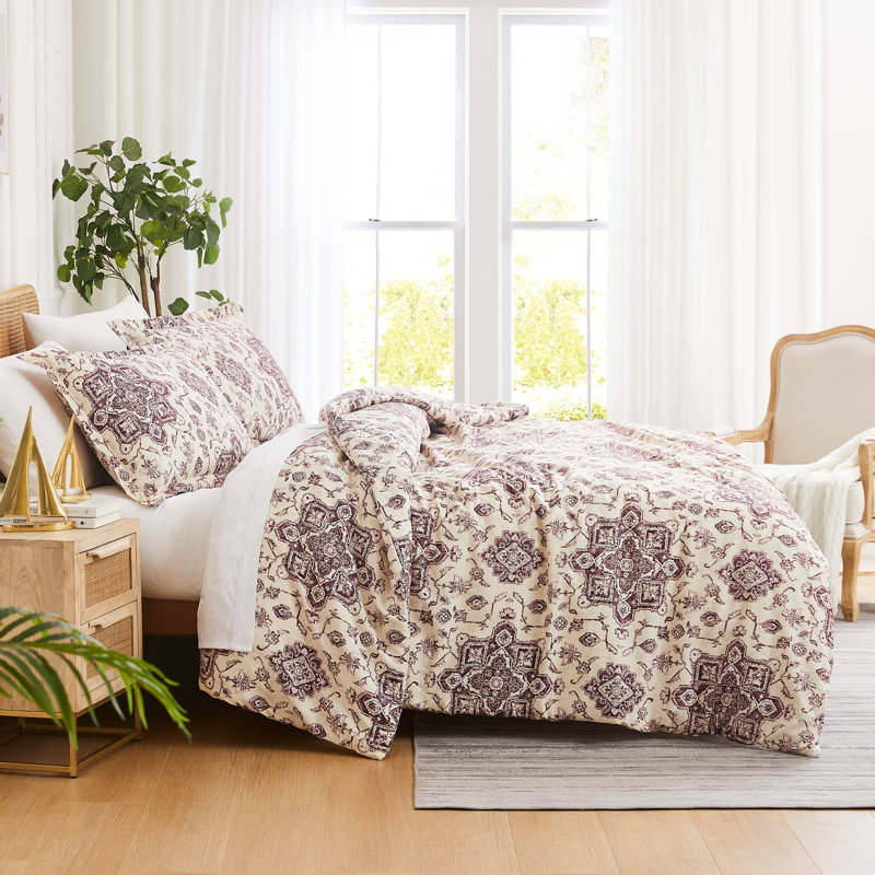 Ensemble de housse de couette Persia, Housse de couette pour grand lit et 2 taies décor,  Aubergine mauve