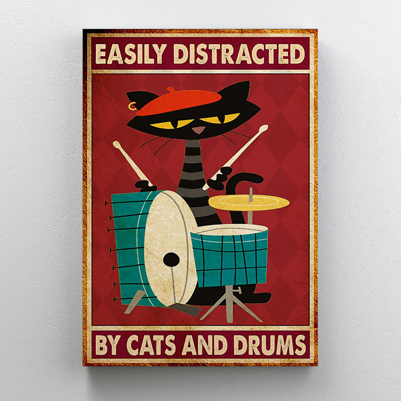 Chat jouant des ensembles de batterie - facilement distrait par les chats et les tambourins - 1 pièce, reproduction d'art graphique sur toile tendue