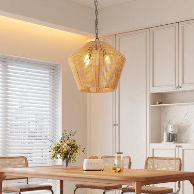 Luminaire suspendu en corde de chanvre de 17 po - suspendu artisanal pour îlot de cuisine, salle à manger, finition naturelle de chambre à coucher, fer à hauteur réglable et lampe décorative tissée à la main