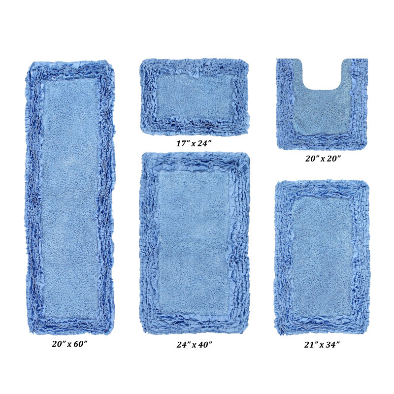 Courson Premium 100% Cotton 1775 GSM 5-Piece Bath Rug Set, OEKO-TEX® Certified, Non-Slip Spray Latex Backing, Plush Tufted Ruffle Pattern, Super Absorbent, Machine Washable Bathroom Rugs, Blue