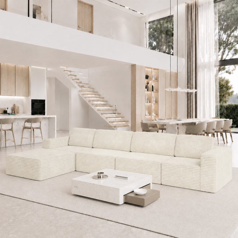 Modular Oversize 404cm Corduroy Boneless Sofa With Ottomans Reversible, No Assembly Required, Beige